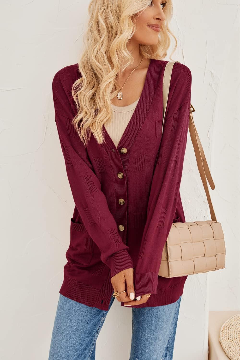 image:imageArachampCloz Womens Lightweight Cardigan Sweater Fashion Long Sleeve Summer Casual Outfits with Pocket Cozy CloudsWine