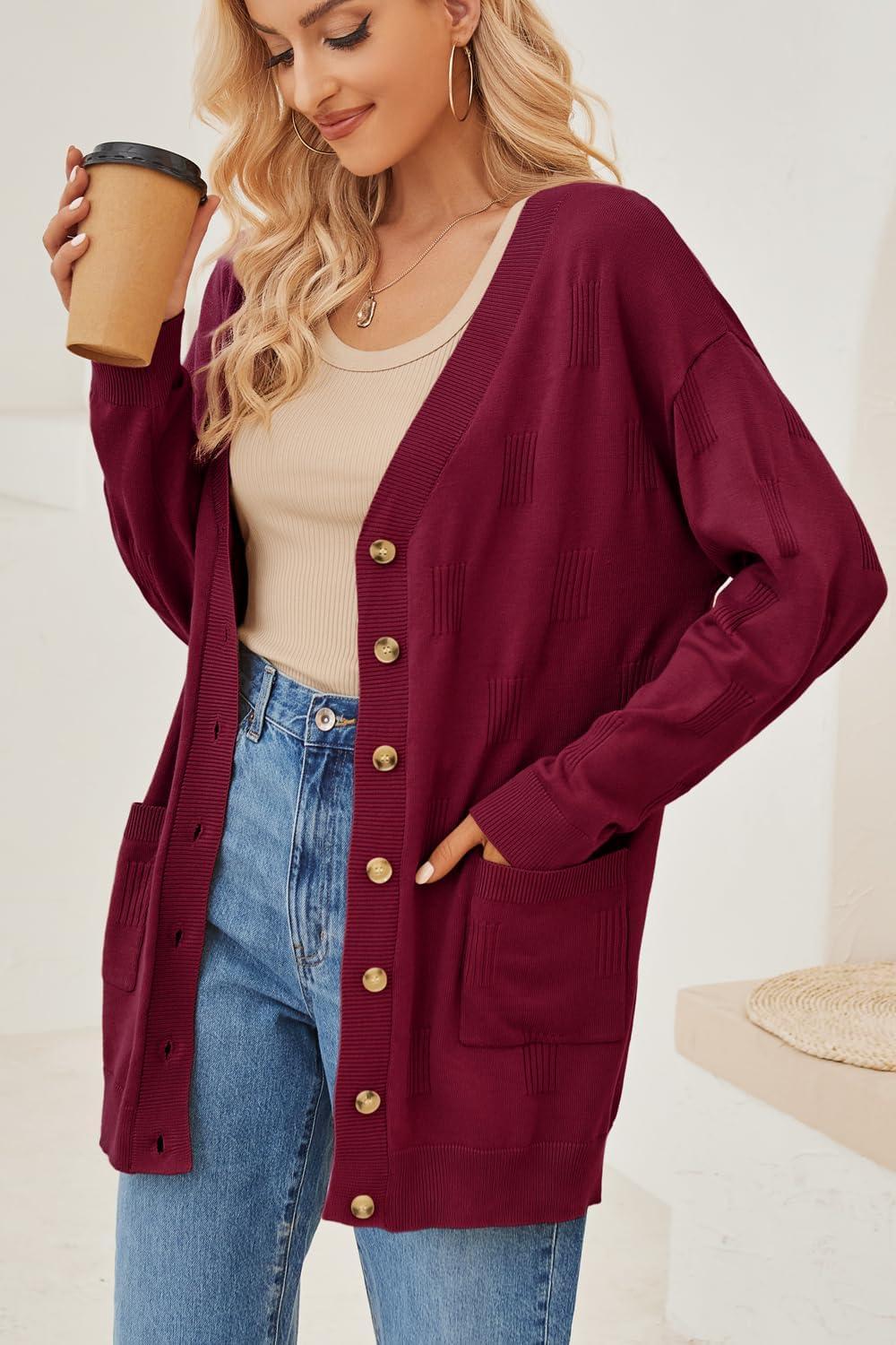 image:imageArachampCloz Womens Lightweight Cardigan Sweater Fashion Long Sleeve Summer Casual Outfits with Pocket Cozy CloudsWine