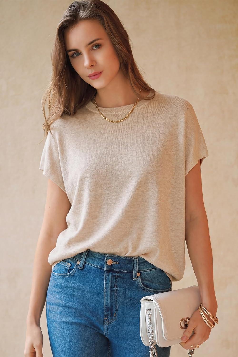 image:imageArachampCloz Womens Wool Blend Short Sleeve Oversized Sweater Business Casual Tops Summer 2026Apricot