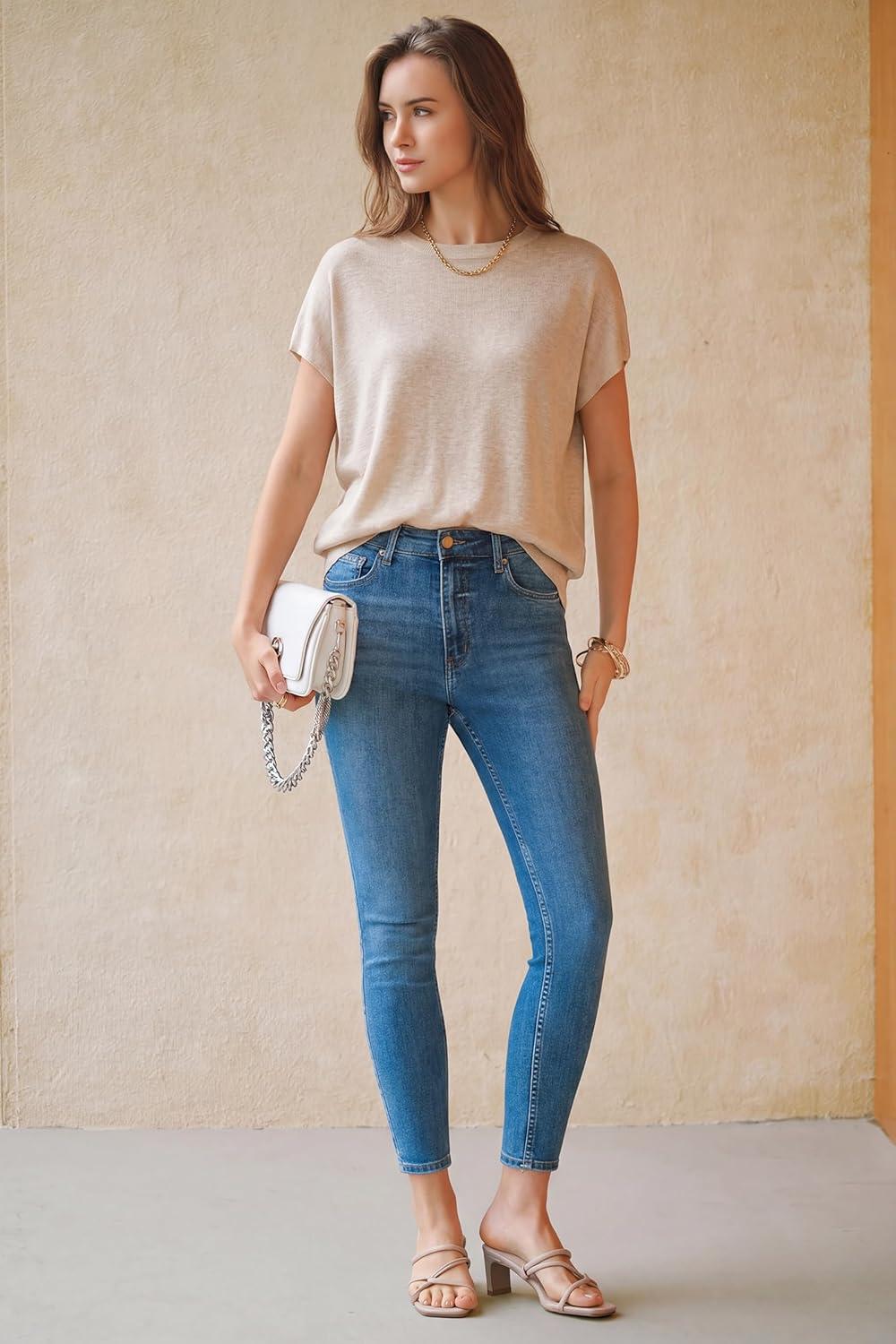 image:imageArachampCloz Womens Wool Blend Short Sleeve Oversized Sweater Business Casual Tops Summer 2026Apricot