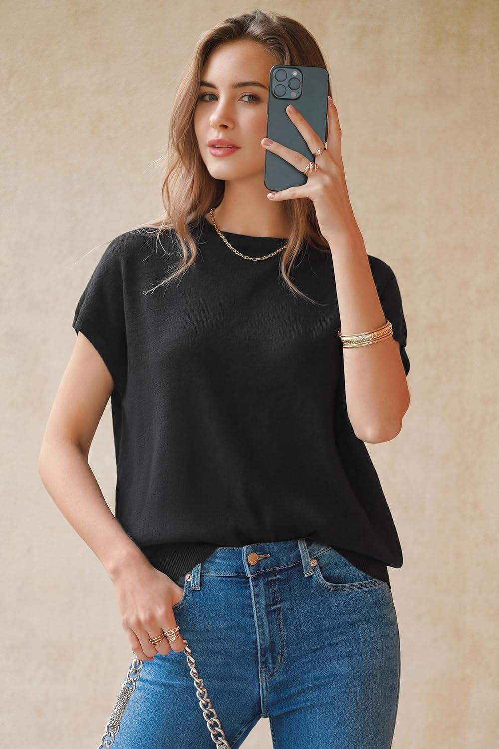 image:imageArachampCloz Womens Wool Blend Short Sleeve Oversized Sweater Business Casual Tops Summer 2026Black