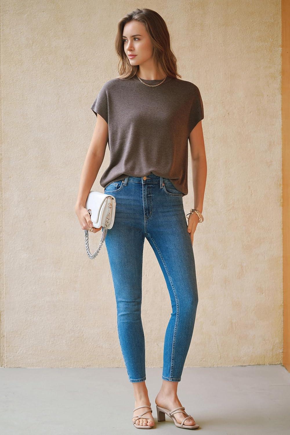 image:imageArachampCloz Womens Wool Blend Short Sleeve Oversized Sweater Business Casual Tops Summer 2026Coffee