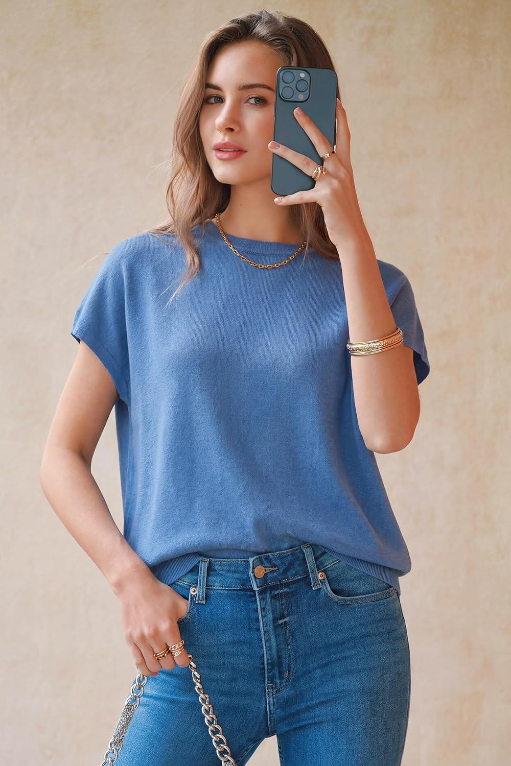 image:imageArachampCloz Womens Wool Blend Short Sleeve Oversized Sweater Business Casual Tops Summer 2026Lake Blue