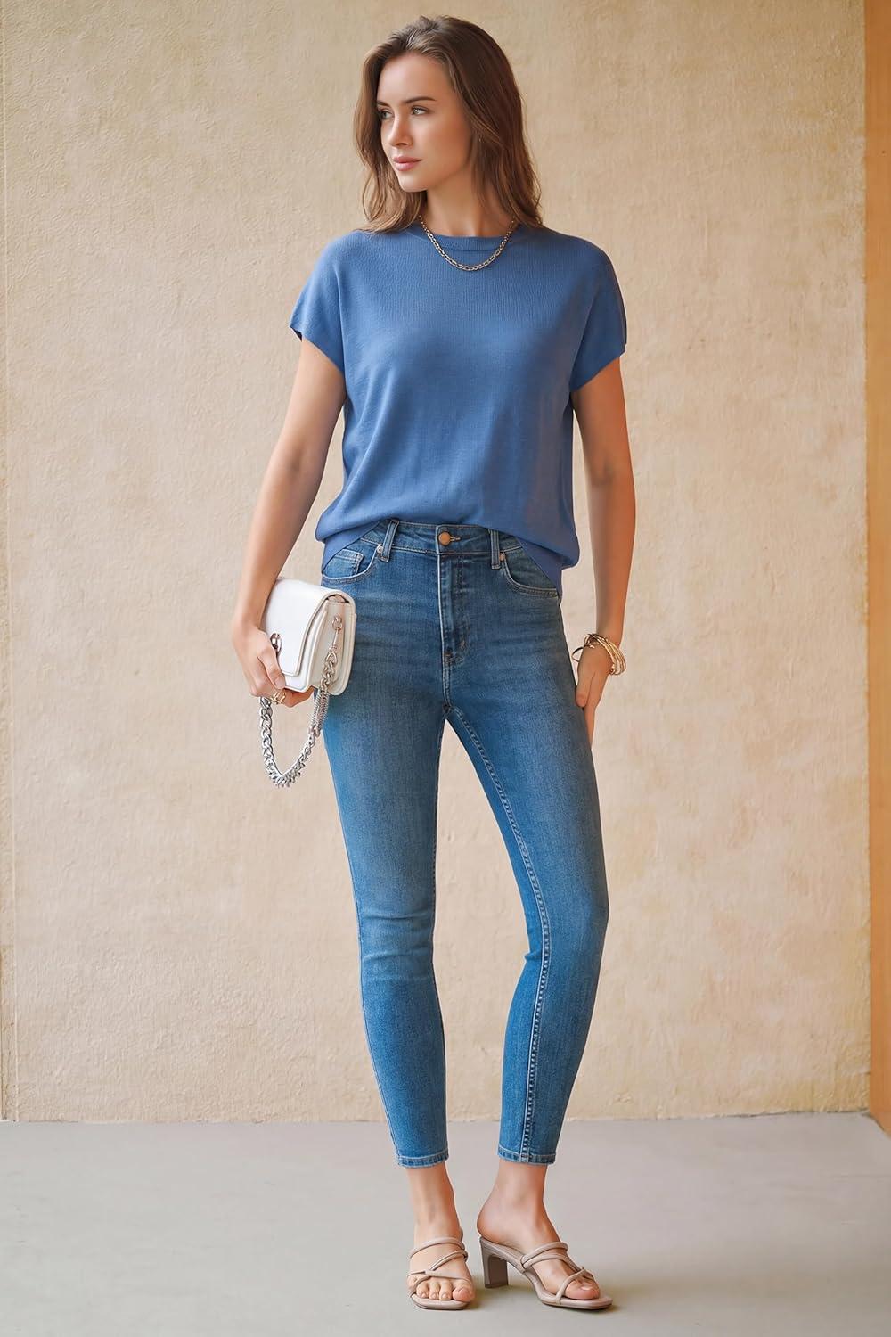 image:imageArachampCloz Womens Wool Blend Short Sleeve Oversized Sweater Business Casual Tops Summer 2026Lake Blue