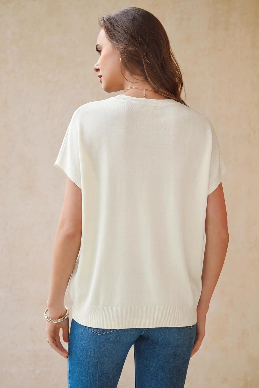 image:imageArachampCloz Womens Wool Blend Short Sleeve Oversized Sweater Business Casual Tops Summer 2026Offwhite