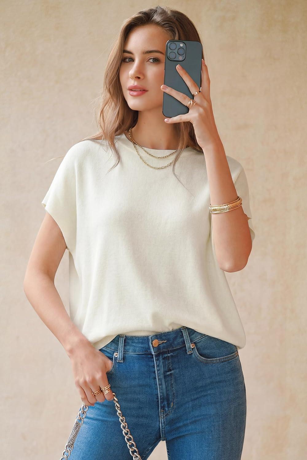 image:imageArachampCloz Womens Wool Blend Short Sleeve Oversized Sweater Business Casual Tops Summer 2026Offwhite