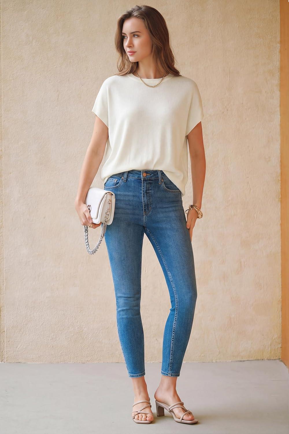 image:imageArachampCloz Womens Wool Blend Short Sleeve Oversized Sweater Business Casual Tops Summer 2026Offwhite