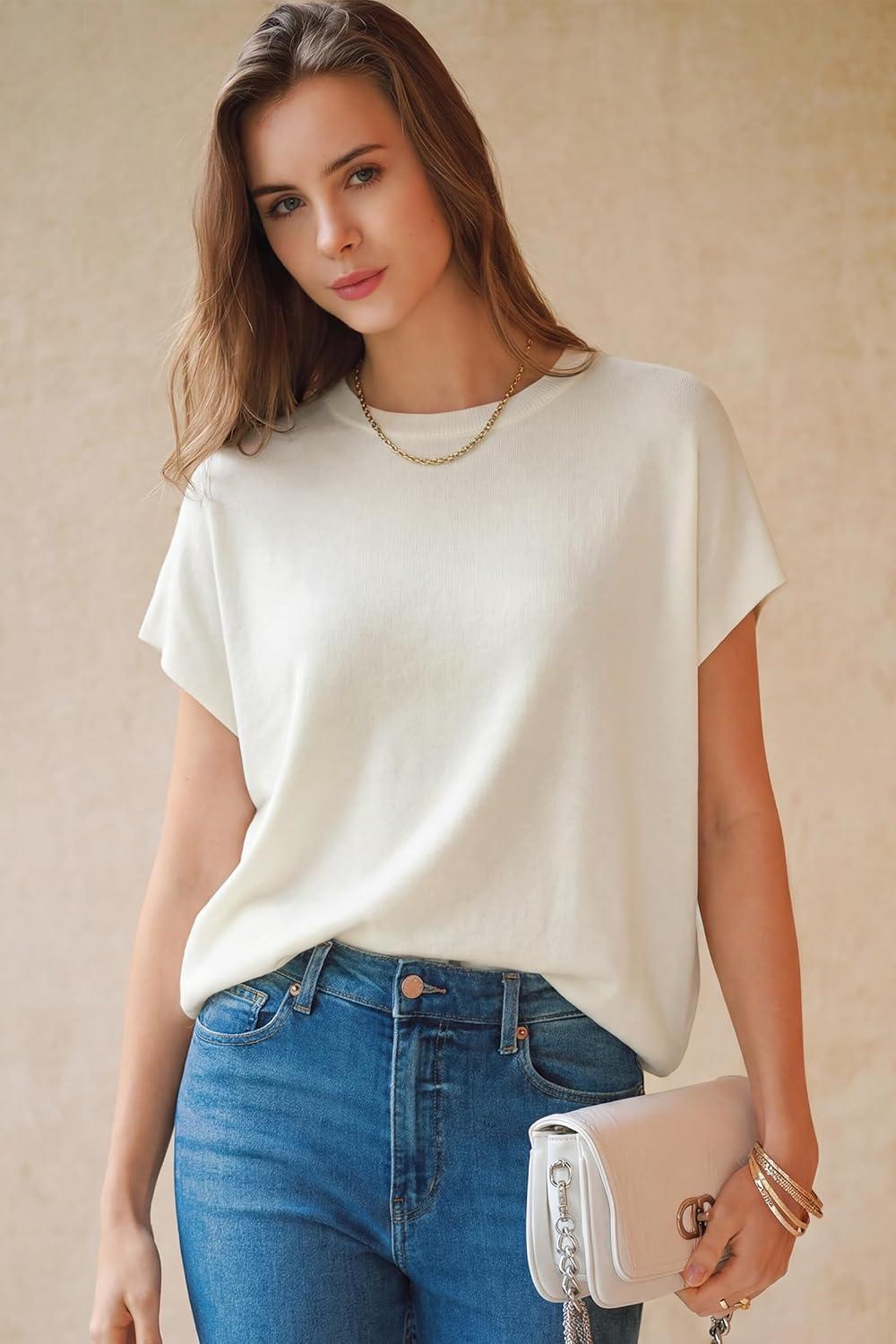 image:imageArachampCloz Womens Wool Blend Short Sleeve Oversized Sweater Business Casual Tops Summer 2026Offwhite