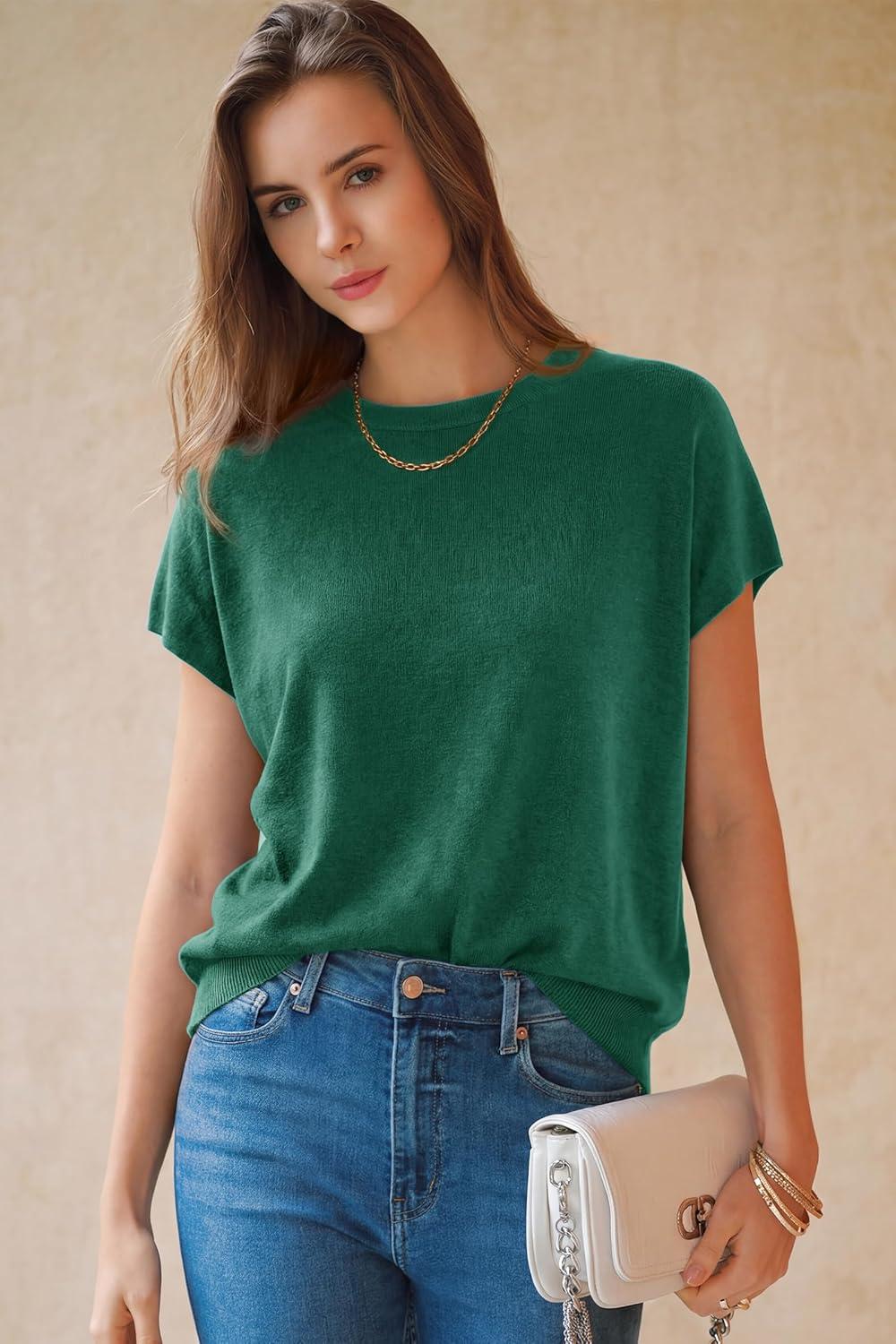 image:imageArachampCloz Womens Wool Blend Short Sleeve Oversized Sweater Business Casual Tops Summer 2026Teal