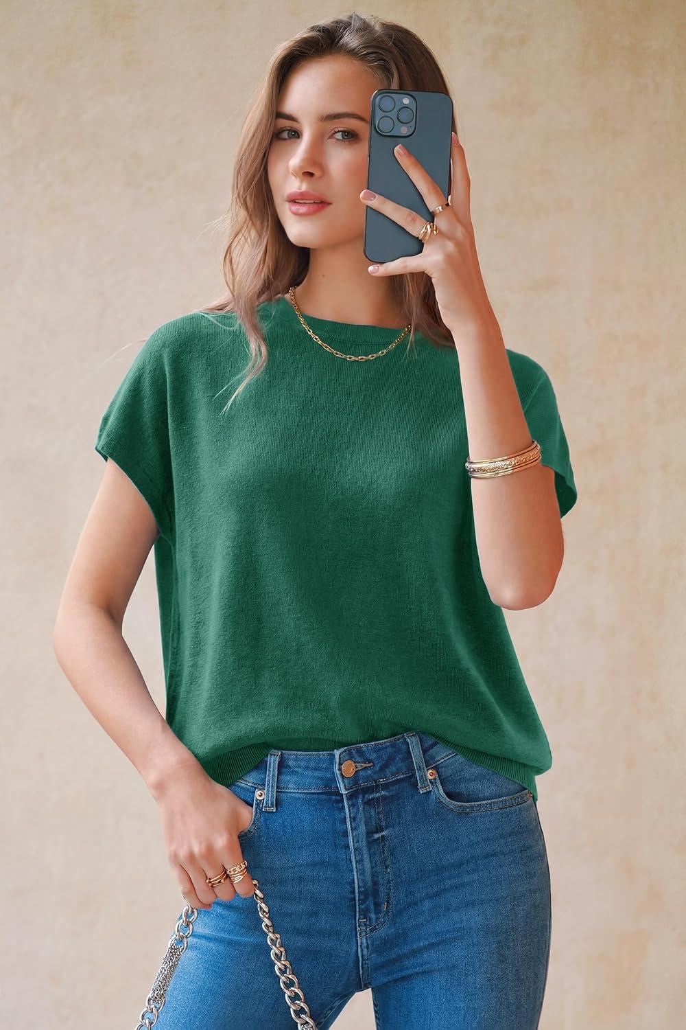 image:imageArachampCloz Womens Wool Blend Short Sleeve Oversized Sweater Business Casual Tops Summer 2026Teal