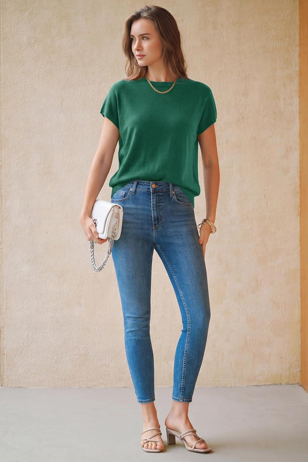 image:imageArachampCloz Womens Wool Blend Short Sleeve Oversized Sweater Business Casual Tops Summer 2026Teal
