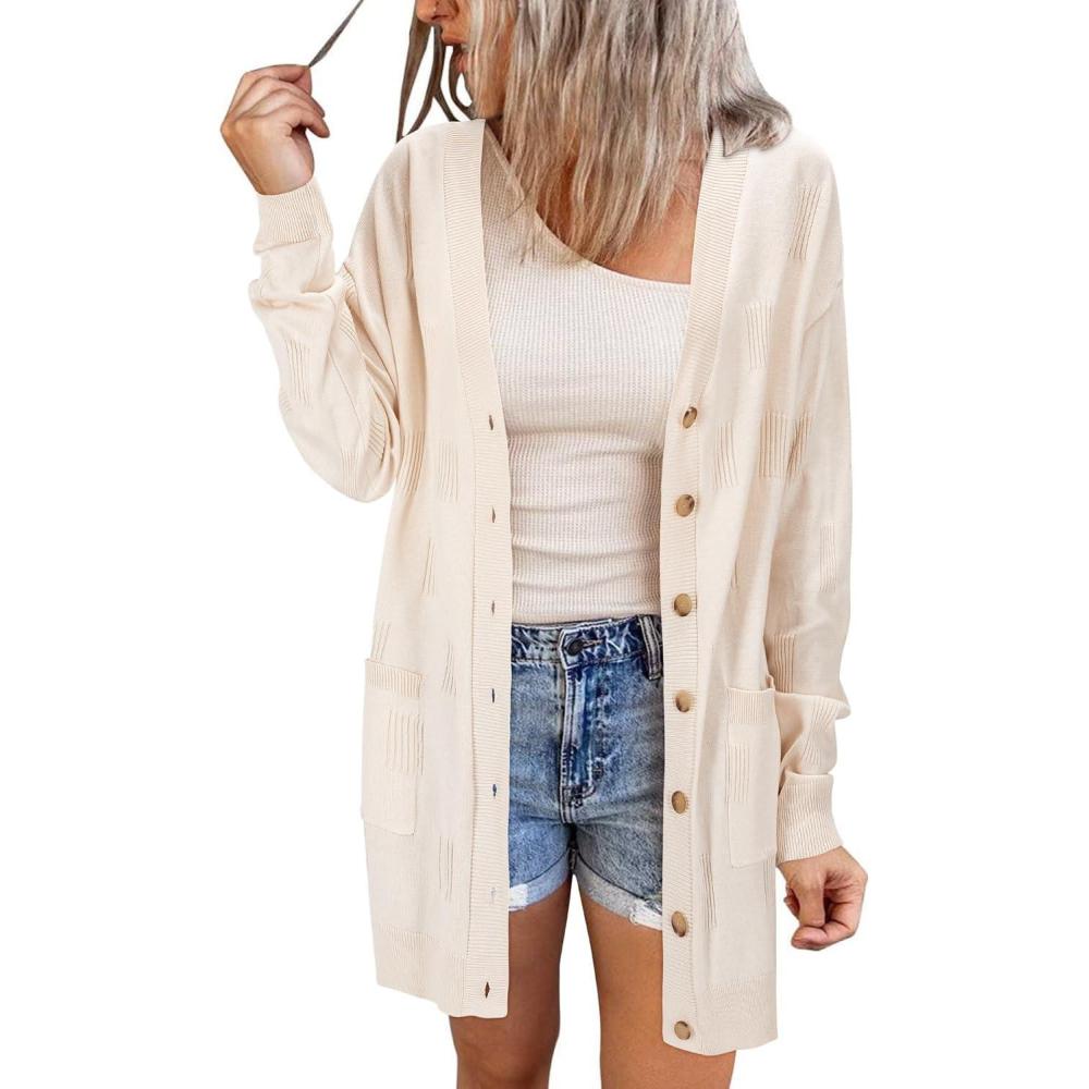 image:imageArachampCloz Womens Lightweight Cardigan Sweater Fashion Long Sleeve Summer Casual Outfits with Pocket Cozy CloudsApricot