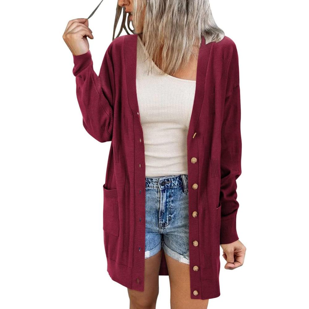 image:imageArachampCloz Womens Lightweight Cardigan Sweater Fashion Long Sleeve Summer Casual Outfits with Pocket Cozy CloudsWine