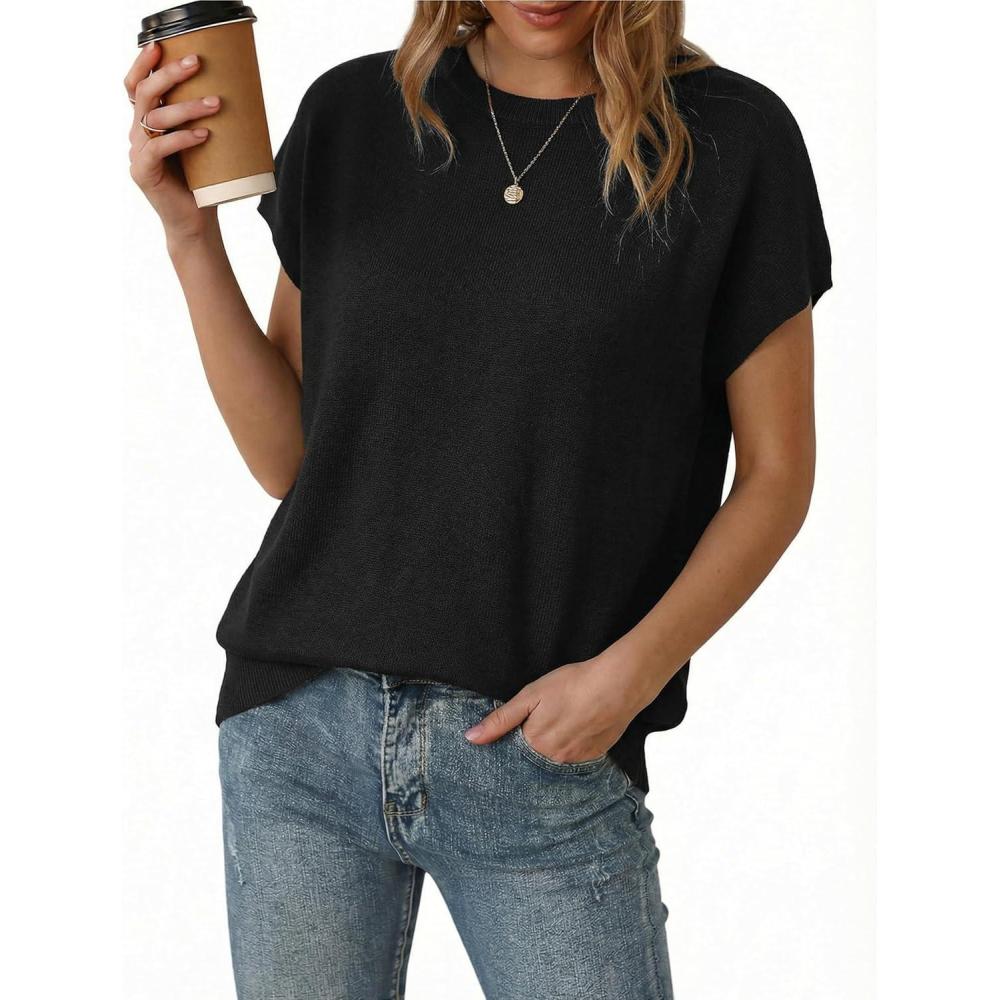image:imageArachampCloz Womens Wool Blend Short Sleeve Oversized Sweater Business Casual Tops Summer 2026Black