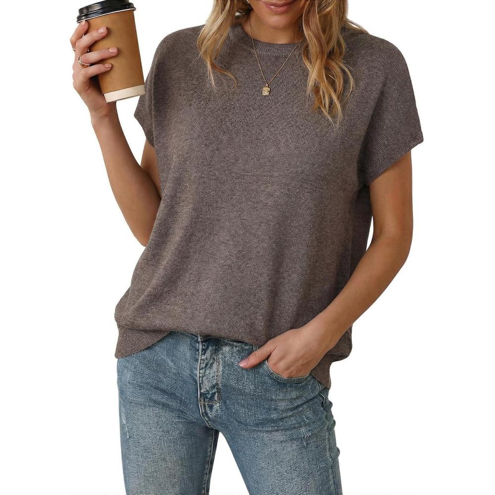 image:imageArachampCloz Womens Wool Blend Short Sleeve Oversized Sweater Business Casual Tops Summer 2026Coffee