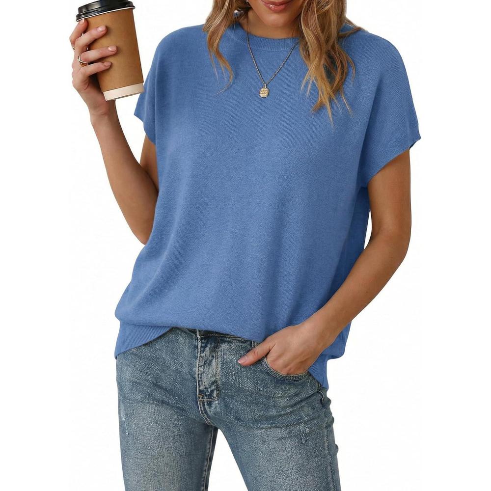 image:imageArachampCloz Womens Wool Blend Short Sleeve Oversized Sweater Business Casual Tops Summer 2026Lake Blue