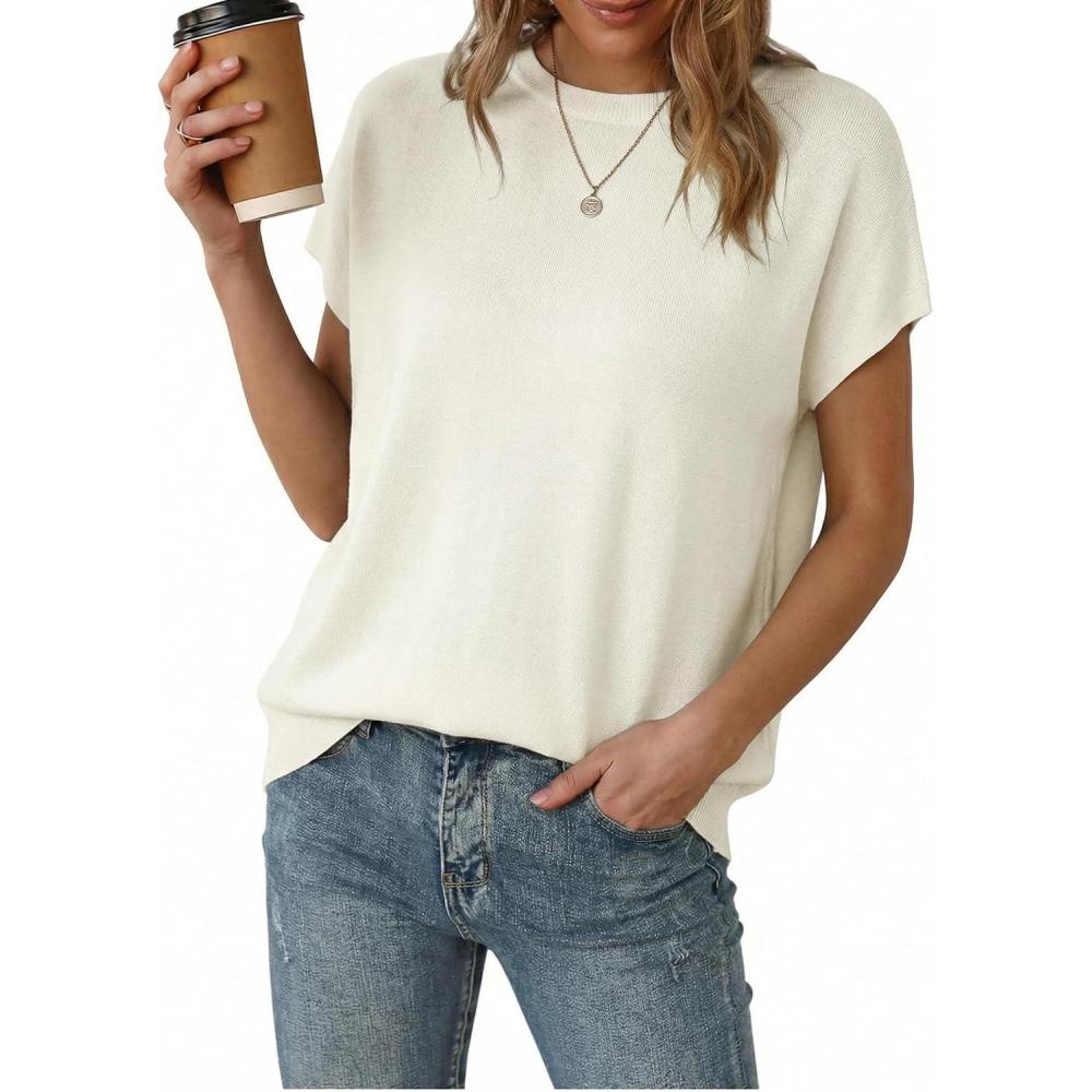image:imageArachampCloz Womens Wool Blend Short Sleeve Oversized Sweater Business Casual Tops Summer 2026Offwhite