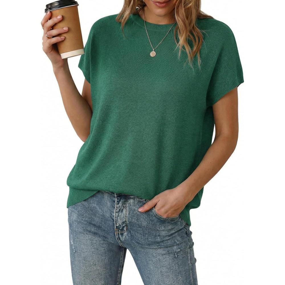 image:imageArachampCloz Womens Wool Blend Short Sleeve Oversized Sweater Business Casual Tops Summer 2026Teal
