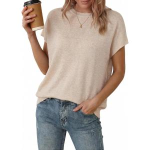 Arach&Cloz Women’s Wool Blend Short Sleeve Oversized Sweater Business Casual Tops Summer 2026(Apricot)