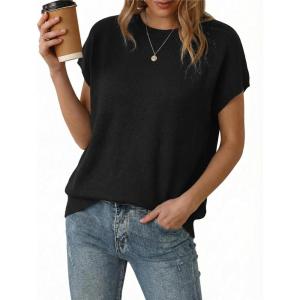 Arach&Cloz Women’s Wool Blend Short Sleeve Oversized Sweater Business Casual Tops Summer 2026(Black)