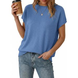Arach&Cloz Women’s Wool Blend Short Sleeve Oversized Sweater Business Casual Tops Summer 2026(Lake Blue)