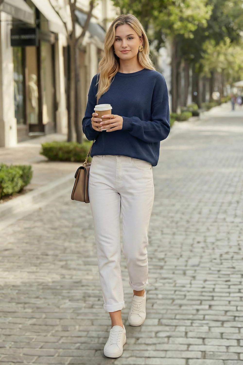 image:imageArachampCloz Womens 100 Cotton Relaxed Fit Sweaters Spring Summer Casual Cozy Sweatshirt Tops 2026Navy