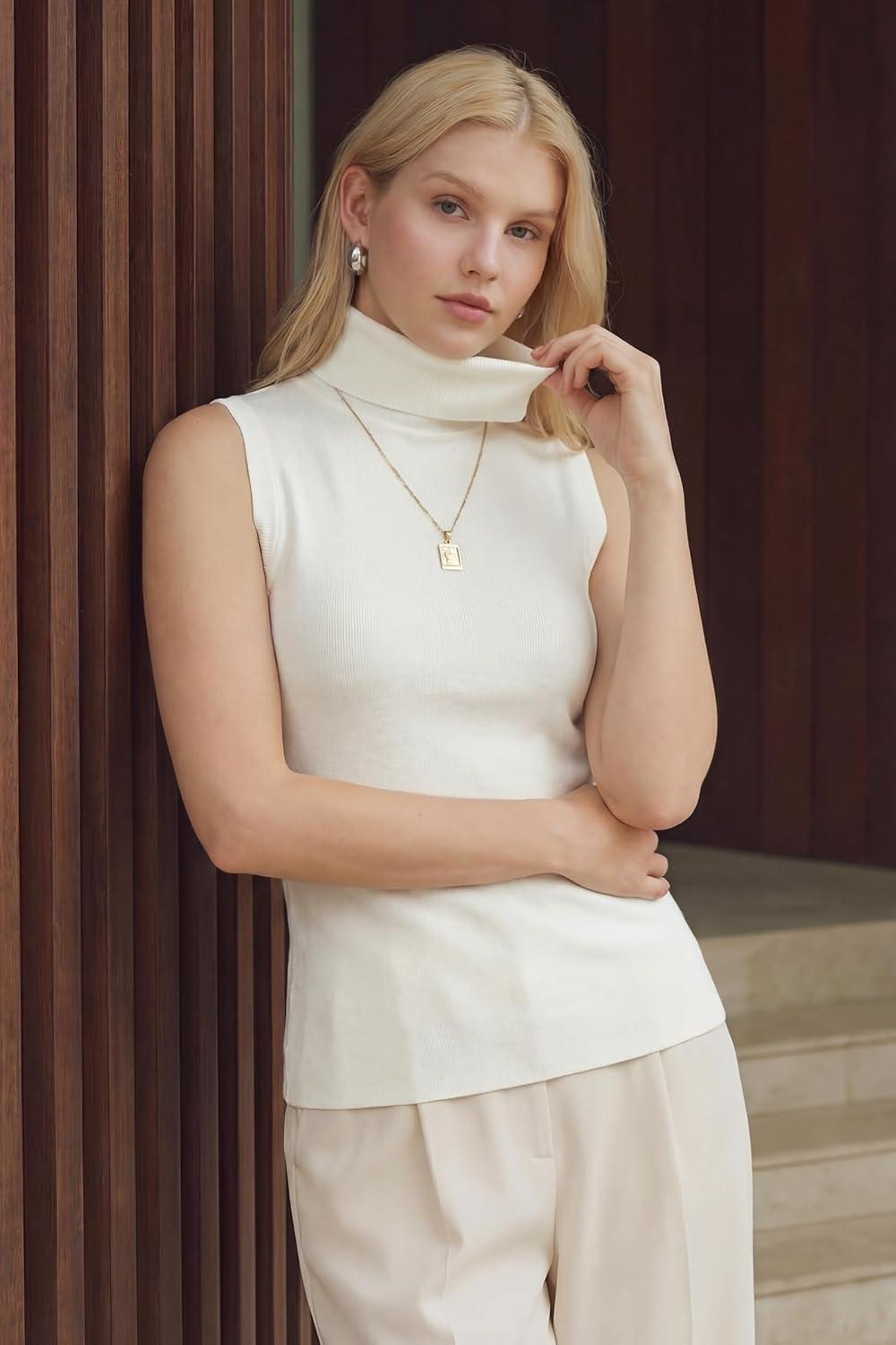 image:imageArachampCloz Womens Wool Blend Slim Fit Soft Turtleneck Casual Tank Tops AllSeasonOffwhite
