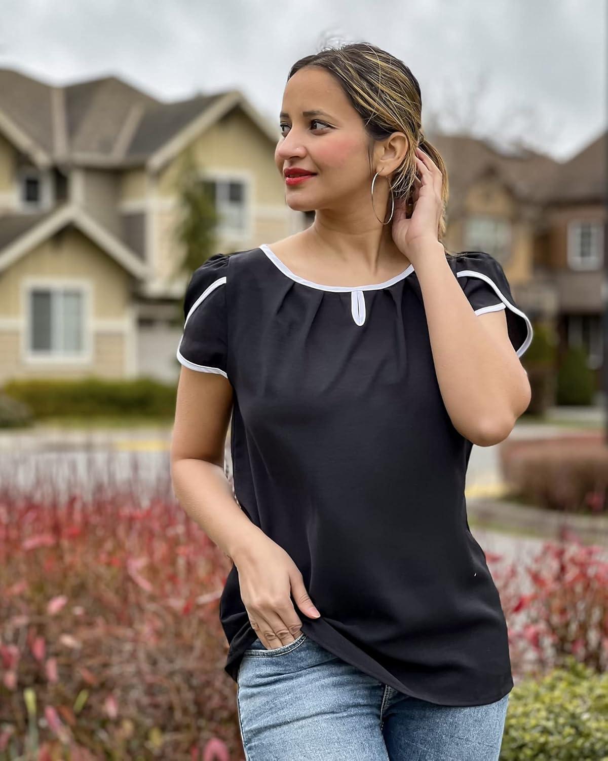 image:imageArachampCloz Womens Summer Tops Fashion 2023 Ruffle Short Sleeve V Neck Floral Dressy Casual Blouse ShirtsBlack