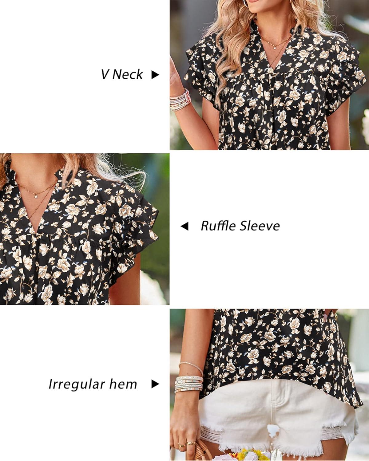 image:imageArachampCloz Womens Summer Tops Fashion 2023 Ruffle Short Sleeve V Neck Floral Dressy Casual Blouse ShirtsBlack Floral