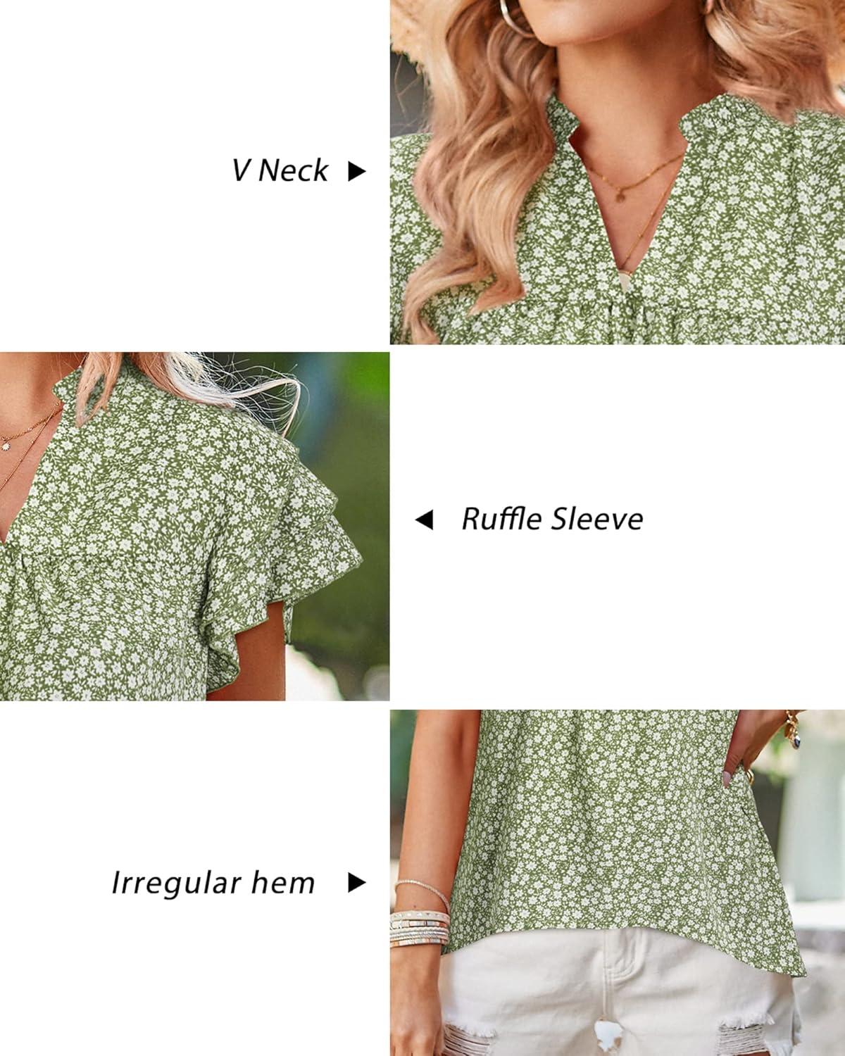 image:imageArachampCloz Womens Summer Tops Fashion 2023 Ruffle Short Sleeve V Neck Floral Dressy Casual Blouse ShirtsGreen Floral