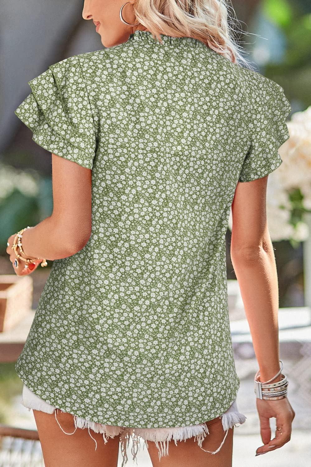 image:imageArachampCloz Womens Summer Tops Fashion 2023 Ruffle Short Sleeve V Neck Floral Dressy Casual Blouse ShirtsGreen Floral