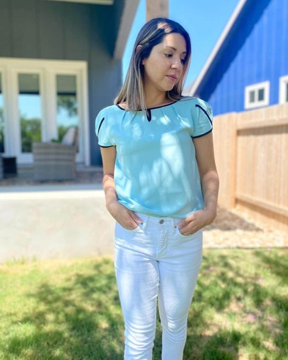 image:imageArachampCloz Womens Summer Tops Fashion 2023 Ruffle Short Sleeve V Neck Floral Dressy Casual Blouse ShirtsLight Blue