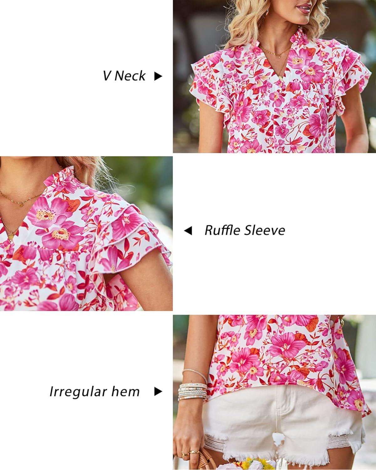 image:imageArachampCloz Womens Summer Tops Fashion 2023 Ruffle Short Sleeve V Neck Floral Dressy Casual Blouse ShirtsPink Floral