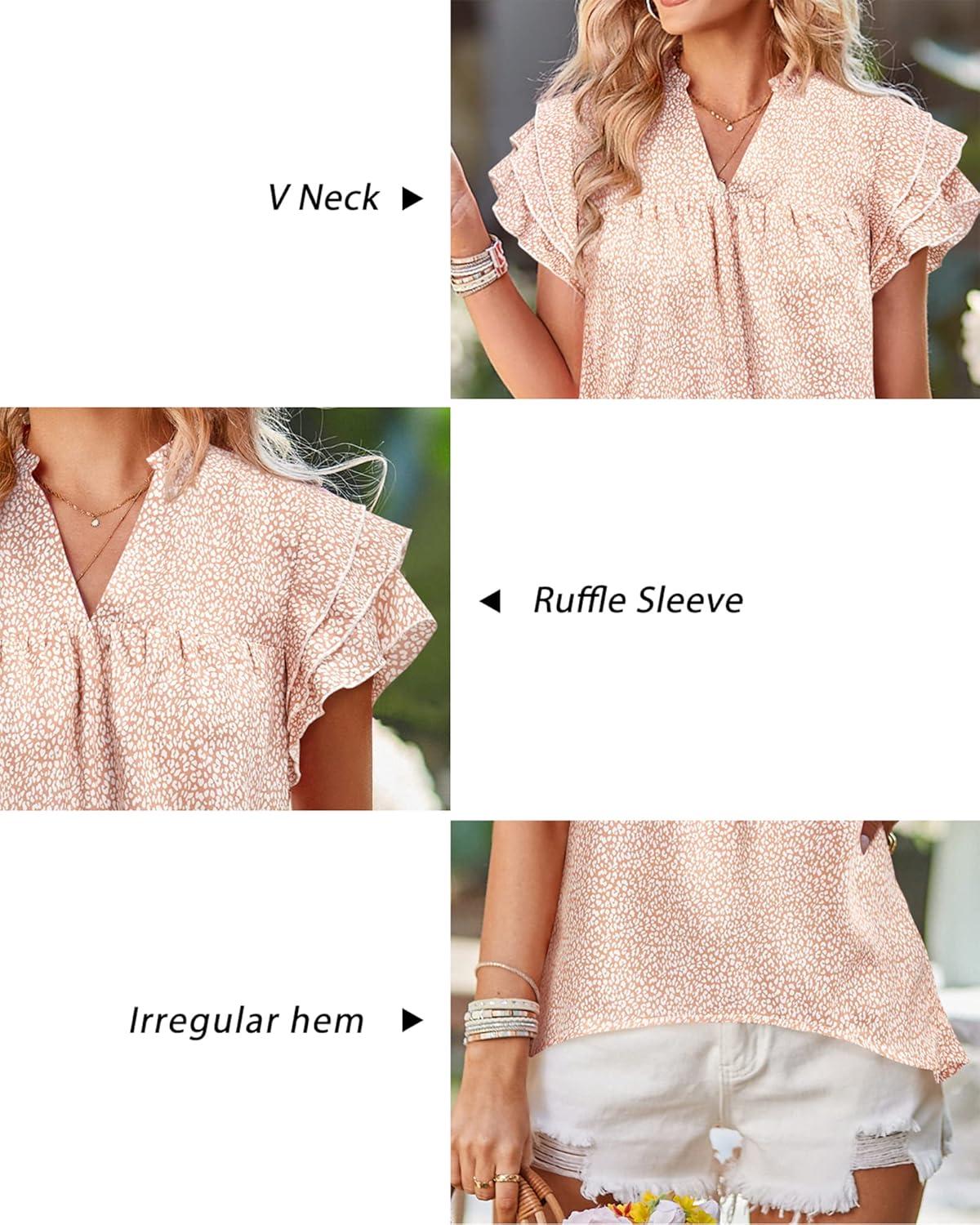 image:imageArachampCloz Womens Summer Tops Fashion 2023 Ruffle Short Sleeve V Neck Floral Dressy Casual Blouse ShirtsPink Leopard