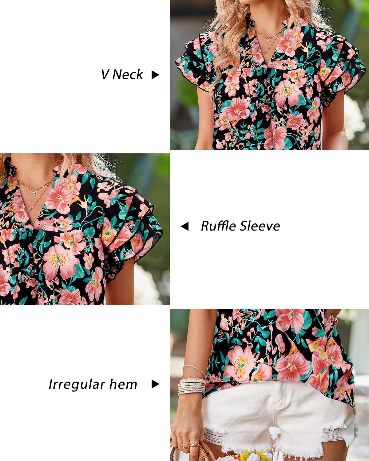image:imageArachampCloz Womens Summer Tops Fashion 2023 Ruffle Short Sleeve V Neck Floral Dressy Casual Blouse ShirtsRed Floral