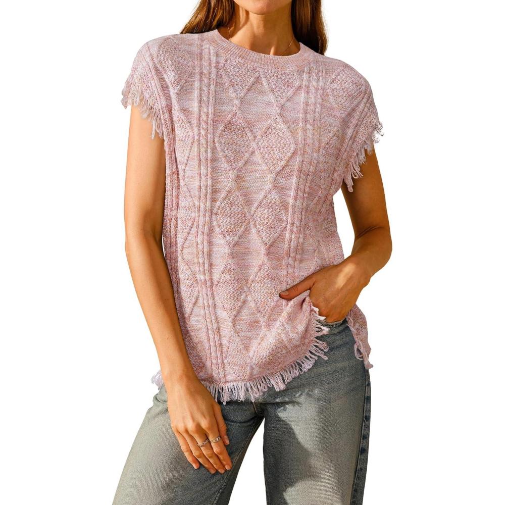 image:imageArachampCloz Womens Cozy Cotton Fringe Cable Knit Western Outfits Fall Sweater Vests 2025Pink Orange Heather