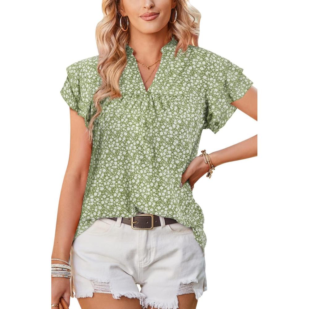 image:imageArachampCloz Womens Summer Tops Fashion 2023 Ruffle Short Sleeve V Neck Floral Dressy Casual Blouse ShirtsGreen Floral