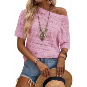Arach&Cloz Womens Summer Linen Blend Crochet Tops Relaxed Fit Short Sleeve Sweater Boho Shirts Vacation Casual Trendy 2026(Pink)