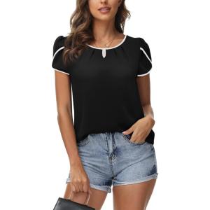 Arach&Cloz Womens Summer Tops Fashion 2023 Ruffle Short Sleeve V Neck Floral Dressy Casual Blouse Shirts(Black)