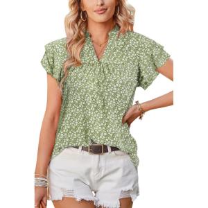 Arach&Cloz Womens Summer Tops Fashion 2023 Ruffle Short Sleeve V Neck Floral Dressy Casual Blouse Shirts(Green Floral)