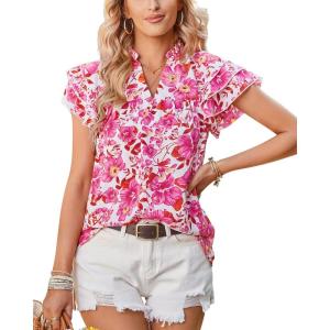 Arach&Cloz Womens Summer Tops Fashion 2023 Ruffle Short Sleeve V Neck Floral Dressy Casual Blouse Shirts(Pink Floral)