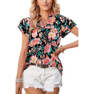 Arach&Cloz Womens Summer Tops Fashion 2023 Ruffle Short Sleeve V Neck Floral Dressy Casual Blouse Shirts(Red Floral)