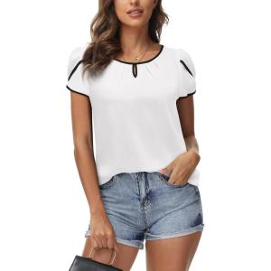 Arach&Cloz Womens Summer Tops Fashion 2023 Ruffle Short Sleeve V Neck Floral Dressy Casual Blouse Shirts(White)