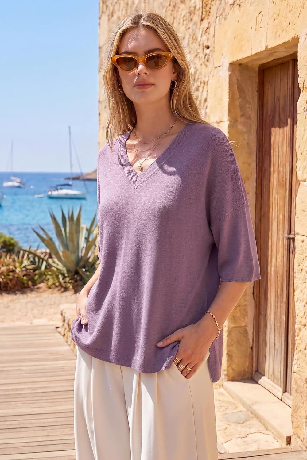 image:imageArachampCloz Womens Wool Blend Elbow Sleeve Summer Oversized Casual SweaterLavender