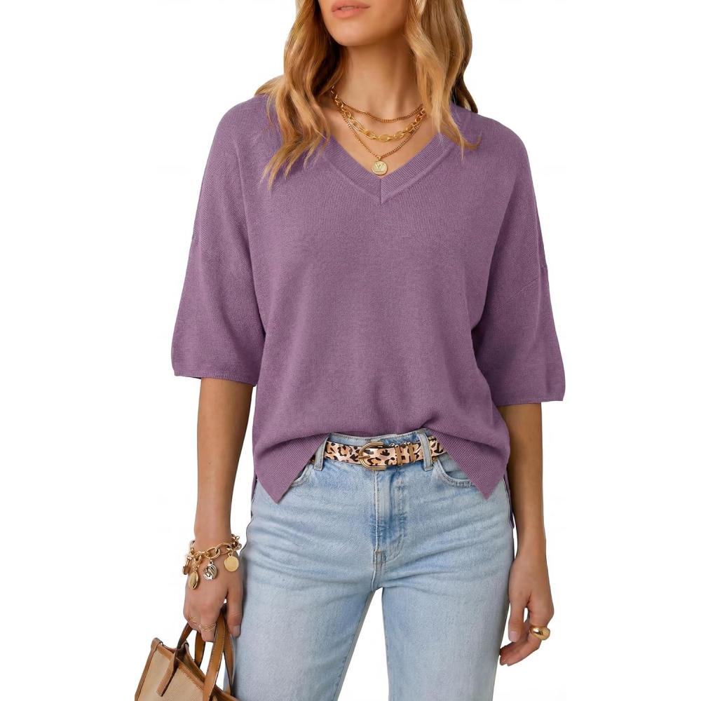 image:imageArachampCloz Womens Wool Blend Elbow Sleeve Summer Oversized Casual SweaterLavender