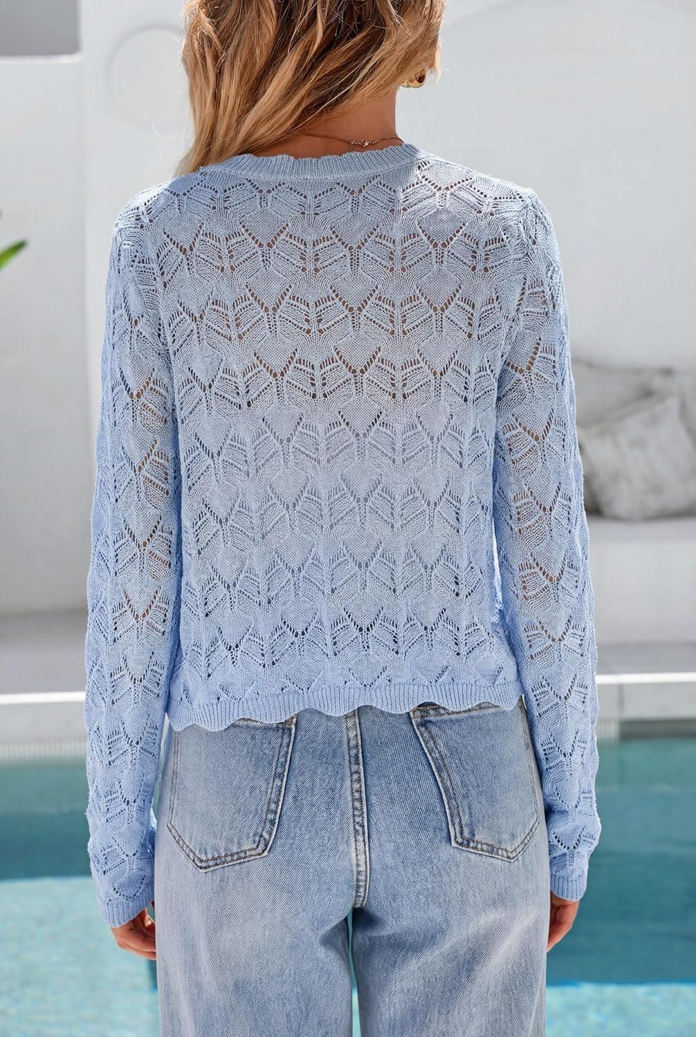 image:imageArachampCloz Womens Cropped Cardigan Linen Blend Crochet Tie Front Lightweight Summer Beach ShrugBlue