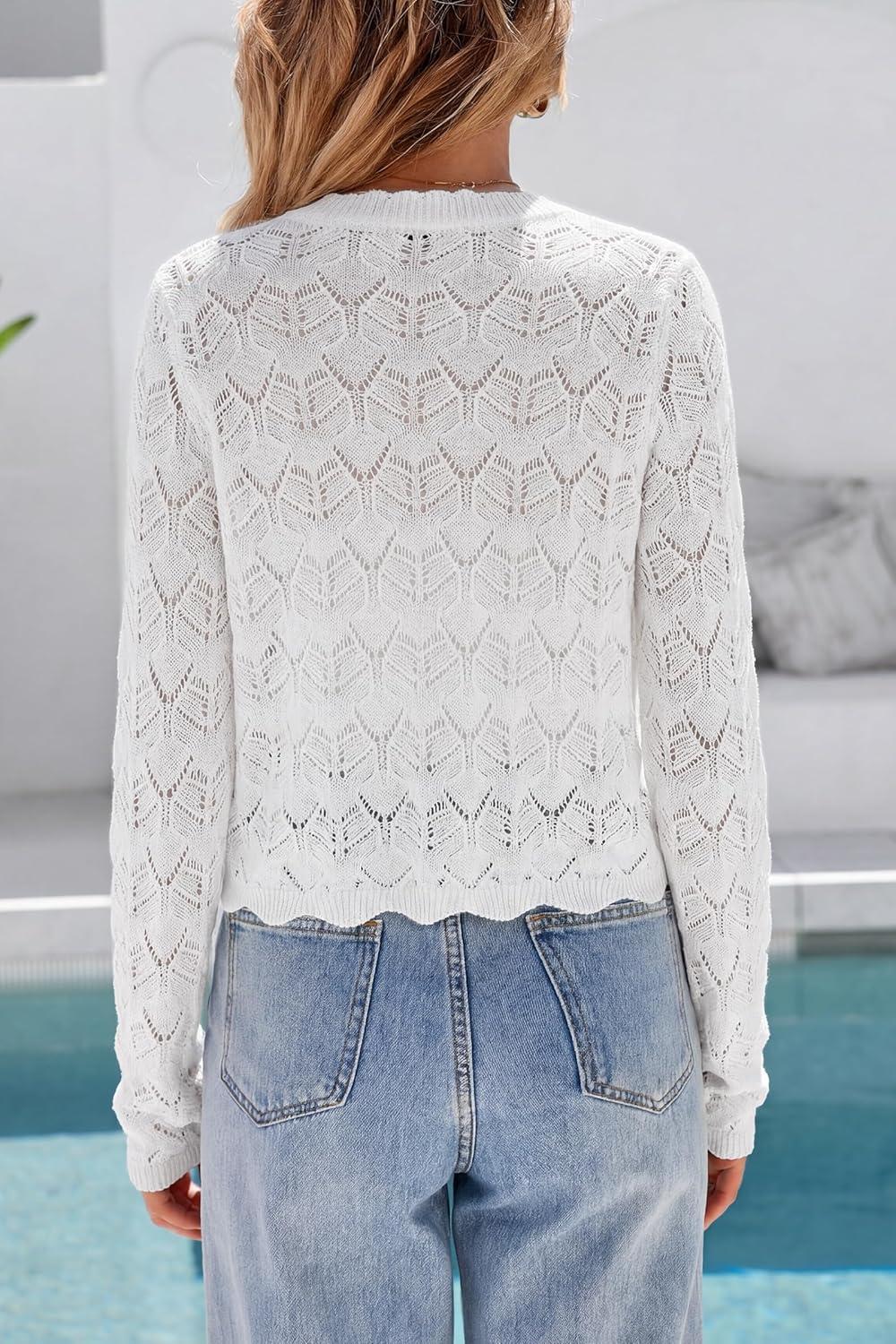 image:imageArachampCloz Womens Cropped Cardigan Linen Blend Crochet Tie Front Lightweight Summer Beach ShrugWhite