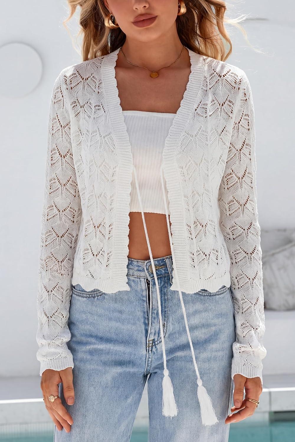 image:imageArachampCloz Womens Cropped Cardigan Linen Blend Crochet Tie Front Lightweight Summer Beach ShrugWhite