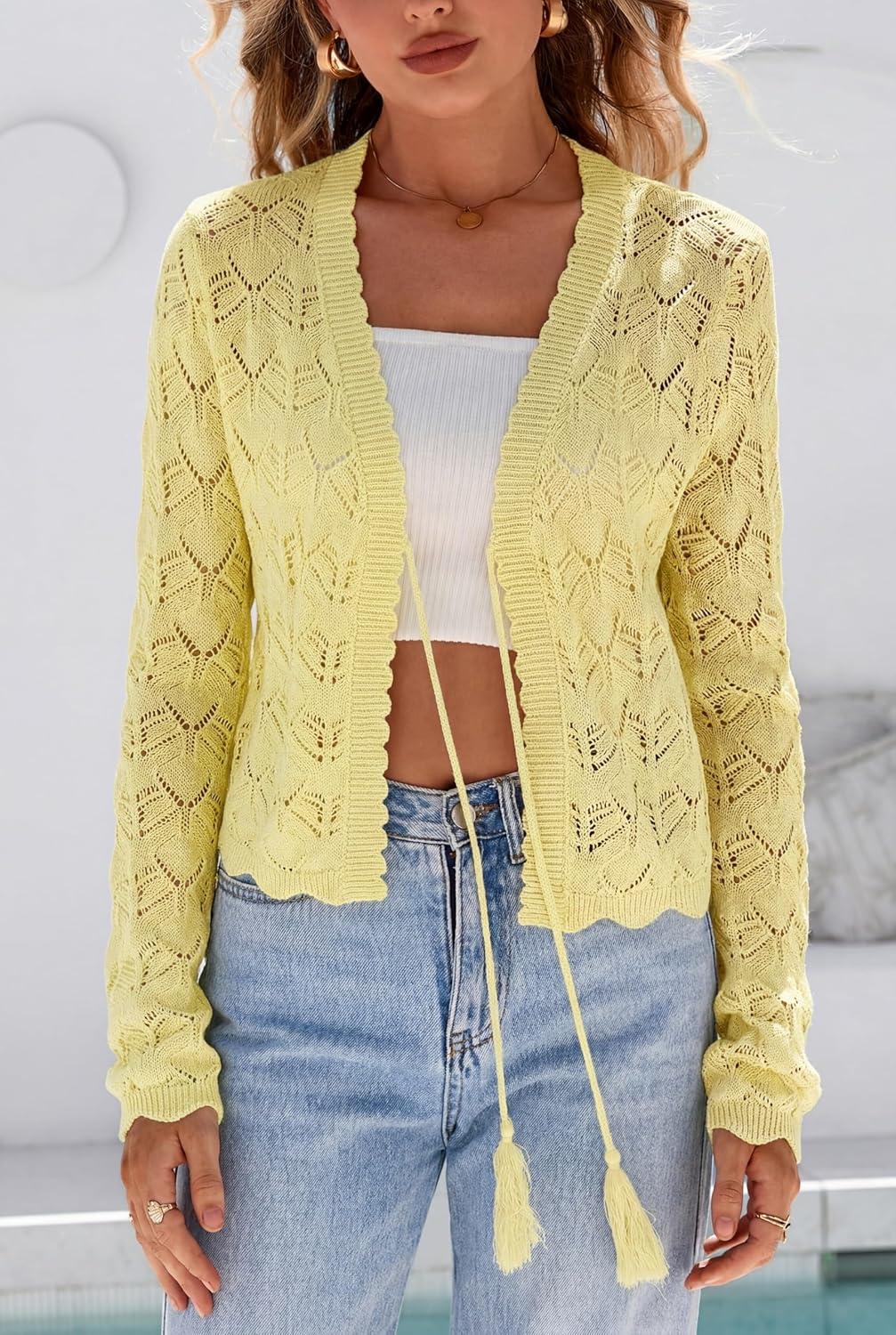 image:imageArachampCloz Womens Cropped Cardigan Linen Blend Crochet Tie Front Lightweight Summer Beach ShrugYellow