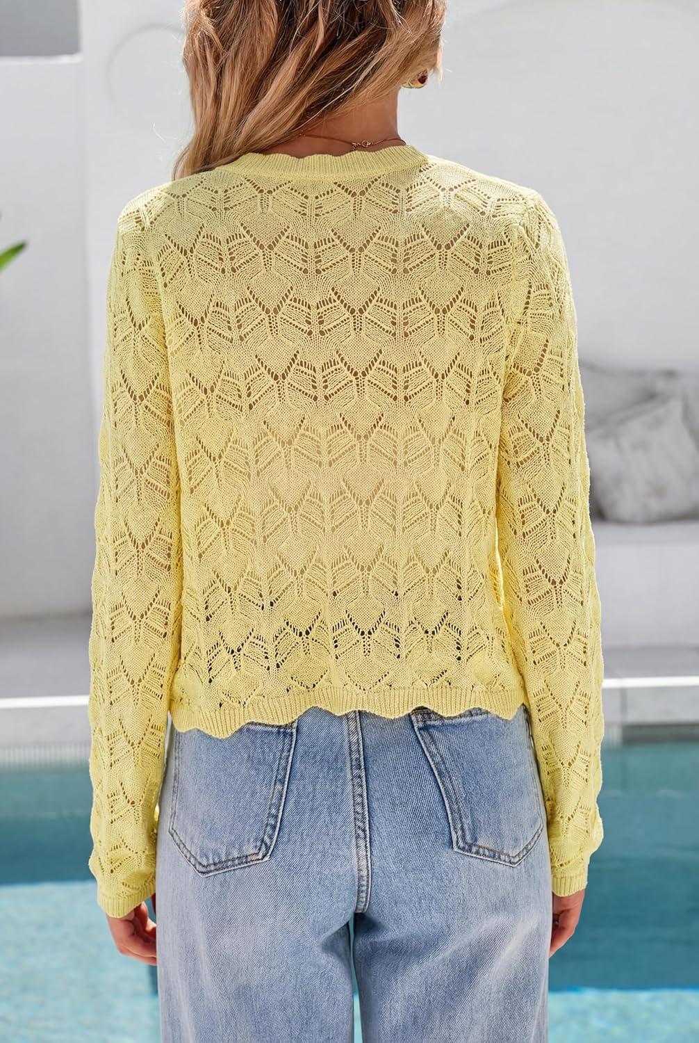 image:imageArachampCloz Womens Cropped Cardigan Linen Blend Crochet Tie Front Lightweight Summer Beach ShrugYellow